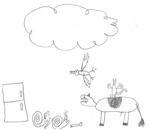Refrigerator, two snails, two horns, bird, monkey, donkey and cloud of fog